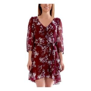 BCX Dress Burgundy Belted V neck Knee Length Party Floral Long Sleeve Dress